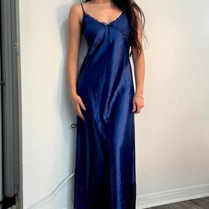 Deep blue satin maxi slip dress